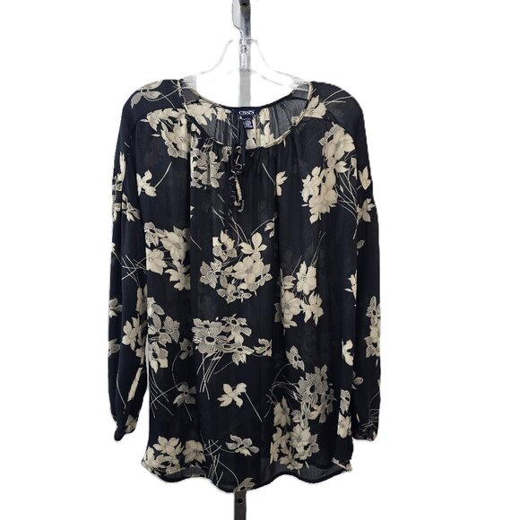 Chaps Tie Keyhole Neckline Sheer Floral Print Top Black Beige XL - Picture 1 of 5